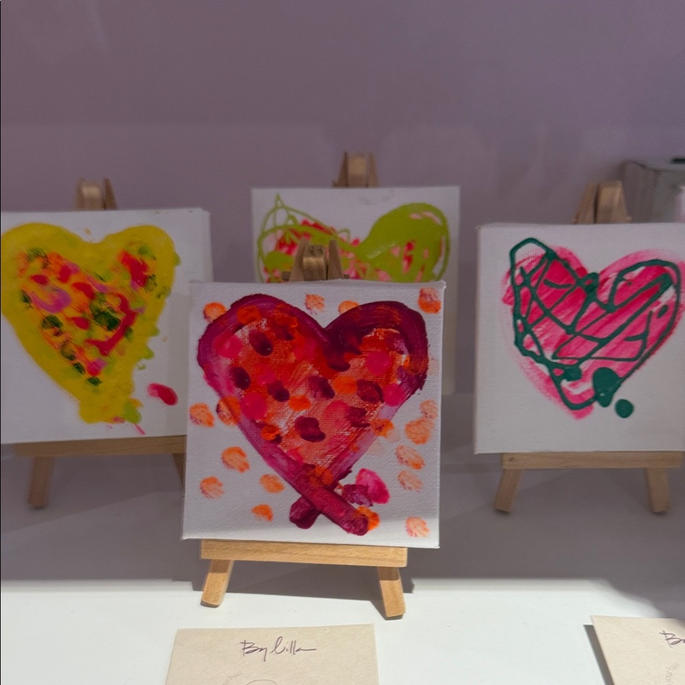 Original Hand-Painted Heart Mini Canvases w easel in Pink, reds, yellow, green
